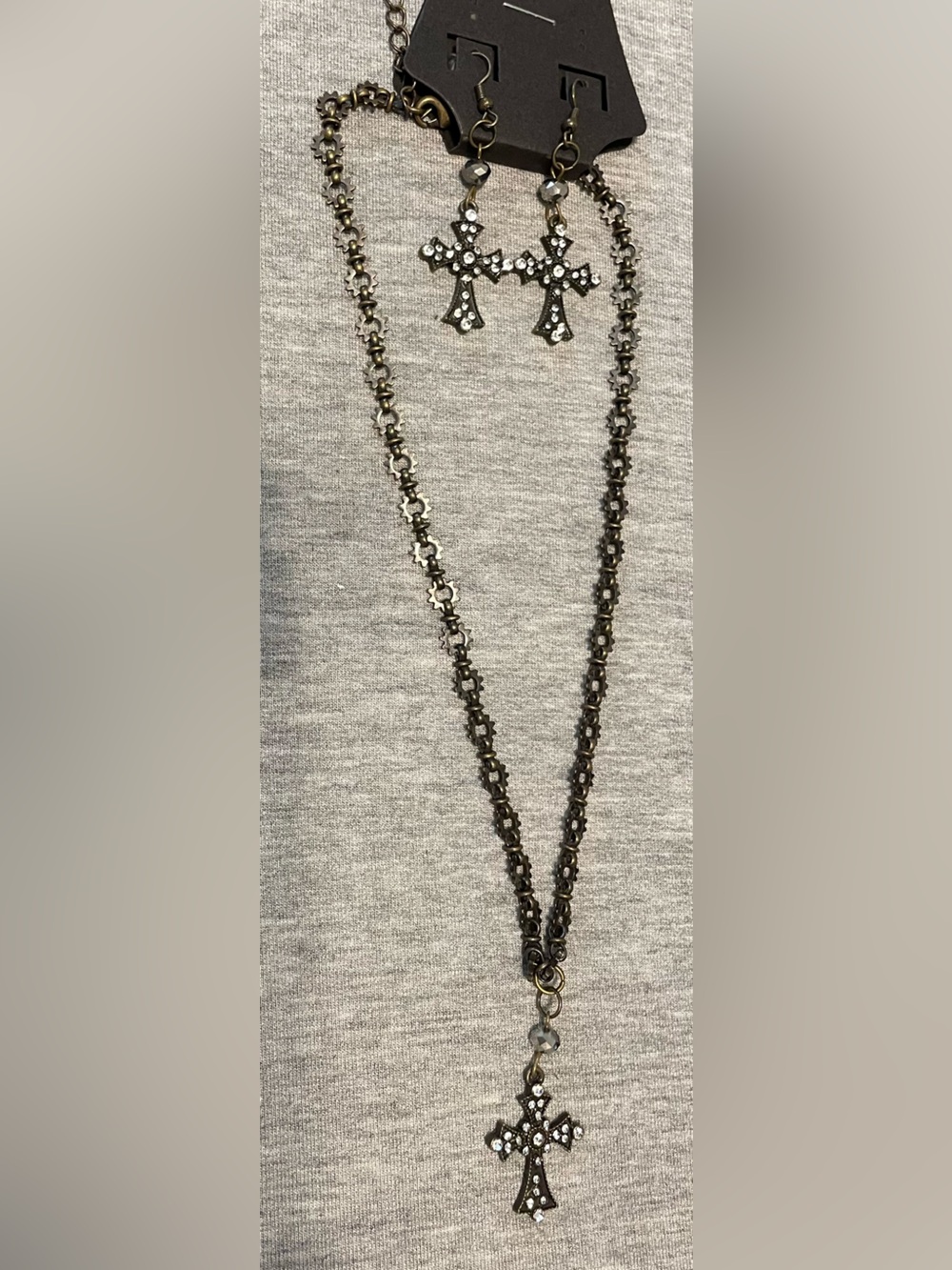 Rhinestone Cross Pendant Necklace and Earring Set - Antique Gold